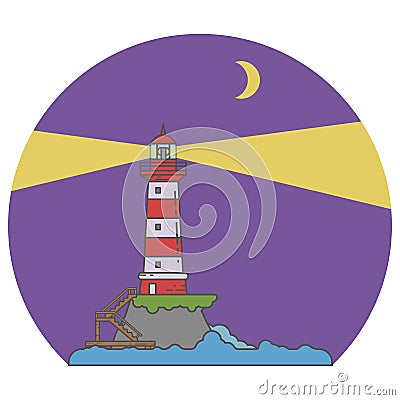 Night lighthouse on island coast icon Vector Illustration