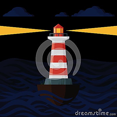 Night lighthouse. A lighthouse pointing the way in the dark with rays of light, located in the middle of the ocean. Vector Illustration