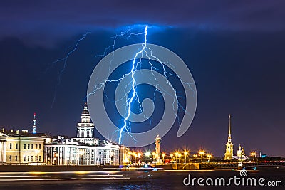 Night with lightning thunderstorm flash over the Neva in Saint-Petersburg and the Kunstkamera, Peter and Paul Fortress and Rostral Stock Photo