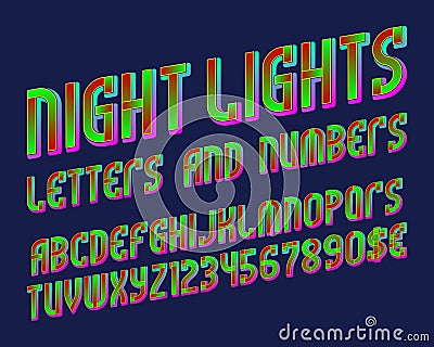 Night lights font of letters, numbers with currency signs of dollar and euro. Isolated typographic symbols Vector Illustration