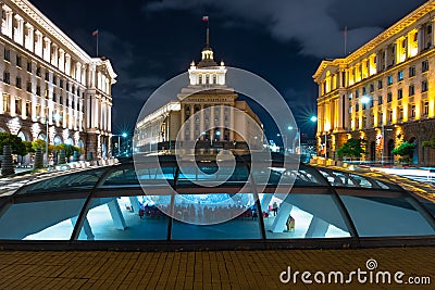 Night lights of Sofia city centre architecture, famous buildings Editorial Stock Photo