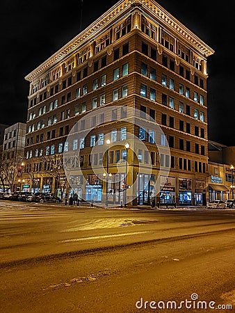 Night lights windows building street Saskatoon golden Editorial Stock Photo