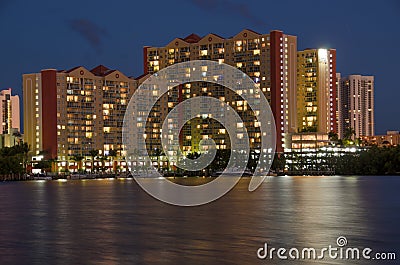 Night Long exposure of High rise Condos in Miami beach canal Editorial Stock Photo