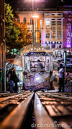 Night long exposure of 1st tram in Lisbon tram de gloria with beautiful lights Editorial Stock Photo