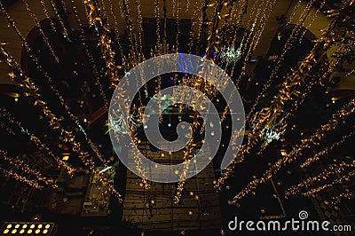 Night luxury wedding ballroom lights decoration for weddings, receptions. Stock Photo