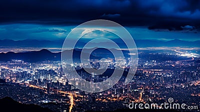 Night Magic: Aerial Delight of Whimsical Cityscape in Dark Teal and Light Violet Stock Photo