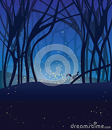 Night magic scene with fireflies and running squirrel. Vector Illustration