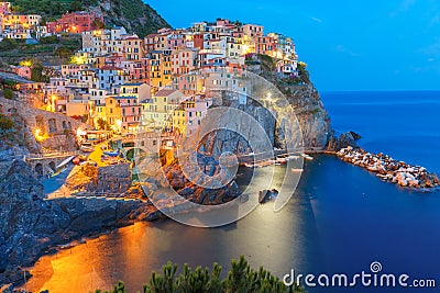 Night Manarola, Cinque Terre, Liguria, Italy Stock Photo