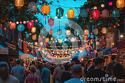 Night market with colorful lanterns and bustling crowd Stock Photo