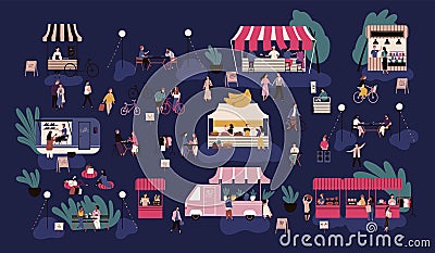 Night market or nighttime outdoor fair. Men and women walking between stalls or kiosks, buying goods, eating street food Vector Illustration