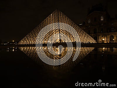 Night mirror reflection panorama of Louvre pyramid glass design architecture museum building in Paris France Europe Editorial Stock Photo