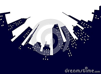 Night modern city street low perspective view. Vintage travel poster flat illustration. Night panorama. Vector Illustration