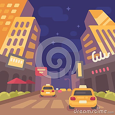 Night modern city street with taxi cars. Vintage travel poster Vector Illustration