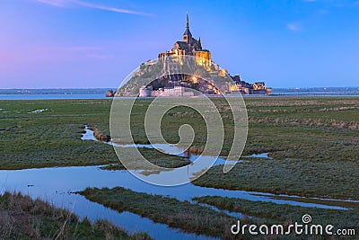 Night Mont Saint Michel, Normandy, France Stock Photo