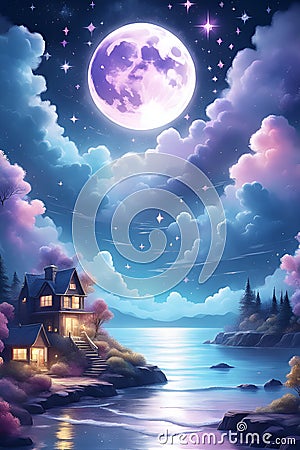 In the night of moon light sea with fluffy colorful clouds, sparkling stars, house, moon, detailed, 8k, printable, mysterious Stock Photo