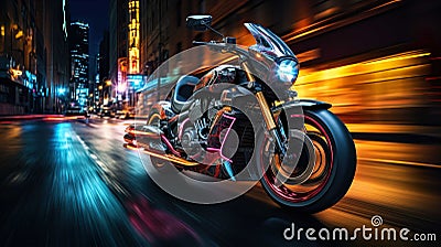 Night motorcycle driving downtown colorful on city streets , like colorful flashes, flash light car photo , Generate AI Stock Photo