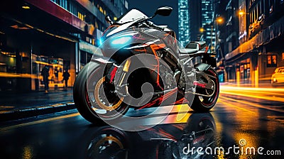 Night motorcycle driving downtown colorful on city streets , like colorful flashes, flash light car photo , Generate AI Stock Photo