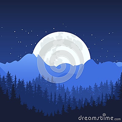 Night mountain landscape and full moon on the sky. Vector Illustration