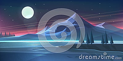 Night mountain landscape on lake Vector Illustration