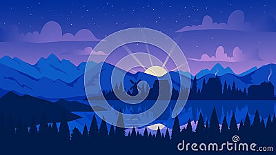 Night mountain landscape with pine forest, lake or river vector illustration. Cartoon evening scenery, reflection of Vector Illustration