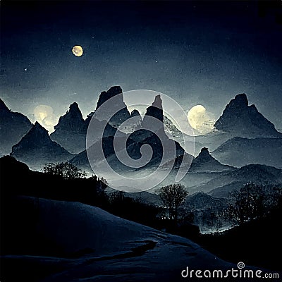 night mountains and hills in the light of several moons and a scary atmosphere Vector Illustration