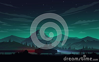 Night mountains landscape with road and car Cartoon Illustration