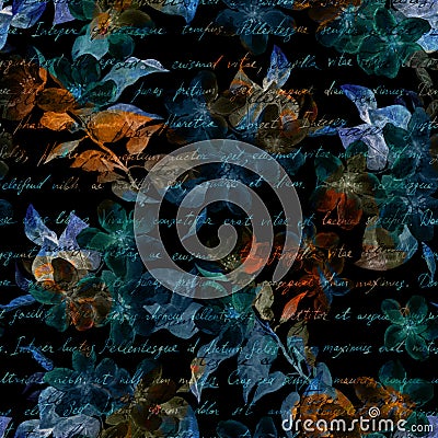 Night mysterious flowers, hand written letter text. Black background. Seamless pattern Stock Photo