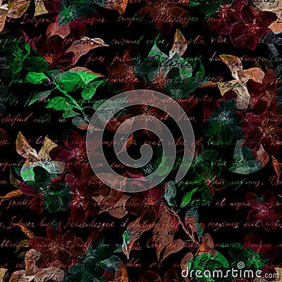 Night mysterious flowers, hand written letter text. Black background. Seamless pattern Stock Photo