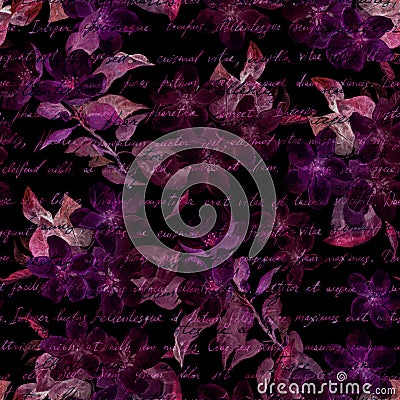 Night mysterious flowers, hand written letter text. Black background. Seamless pattern Stock Photo