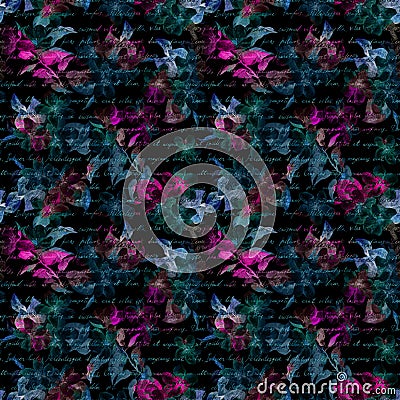 Night mysterious flowers, hand written letter text. Black background. Seamless pattern Stock Photo