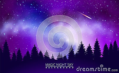 Night mystical, magical sky. Milky Way, falling comet. Black silhouettes of trees. Bright colorful space. Space Vector Illustration