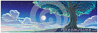 Night landscape, with an old ancient tree, a starry sky and the moon. Vector Illustration