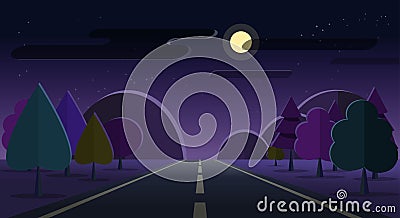 Night nature landscape road, mountains, forest moon cloud stars sky Vector Illustration