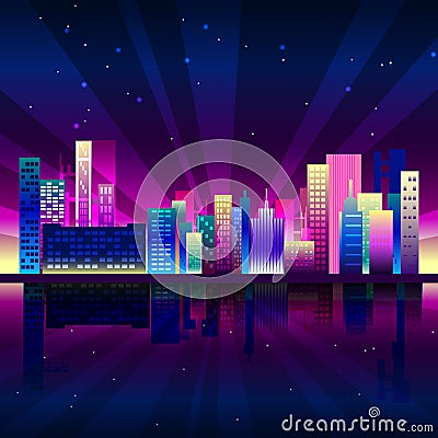 Night neon city in synthwave style. New York urban background with colorful gradients Vector Illustration