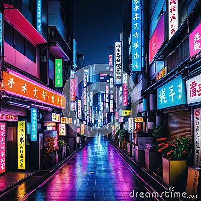 night of the neon street at the downtown wide Shinjuku district Tokyo Here is an Cartoon Illustration