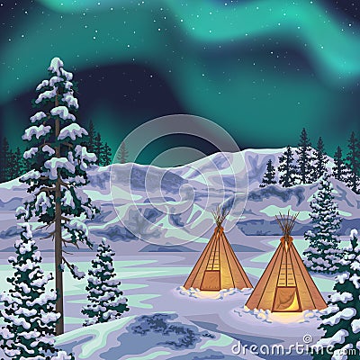 Night Northern Landscape with Aurora Borealis Vector Illustration