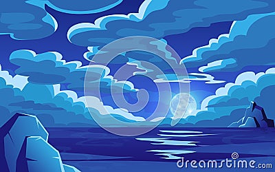 Night ocean landscape with cloud in sky. Dark scene, sea moon horizon, space time, magic lake with moonlight. Deep dark Vector Illustration