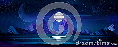 Night ocean landscape, full moon and stars shine Vector Illustration