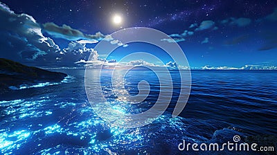 night ocean in moonlight, fluorescent ocean, moonlight, sparkling stars Stock Photo
