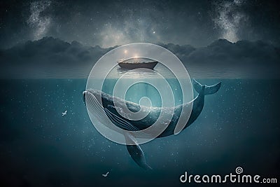 Night Ocean With Wale Under Water, Small Swimming Boat On The Water Surface - Generative AI Stock Photo
