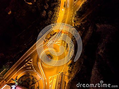 Night Orange lights of a roundabout in a road of a small town of Tenerife Stock Photo