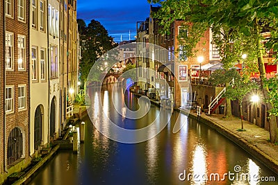 Night Oudegracht and bridge, Utrecht, Netherlands Stock Photo