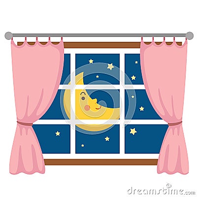 Night out the window with pink curtains Vector Illustration