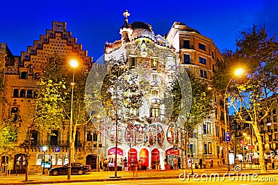 Night outdoor view Gaudi's creation-house Casa Batlo. Editorial Stock Photo