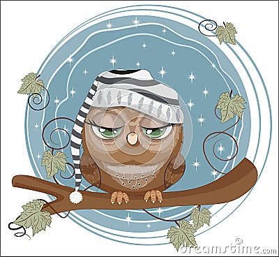 Night owl on a branch in a cap Vector Illustration