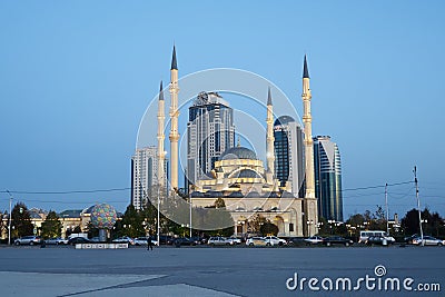 Night panorama a modern city central square with a lovely mosqe and skyscrapers taken in Grozny city Chehenia Russian caucasus Stock Photo