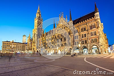 Night panorama of Marienplatz and Munich city hall in Munich Stock Photo