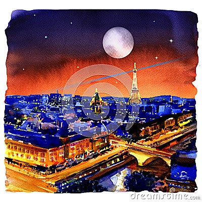 Night panorama of Paris skyline, Eiffel tower, beautiful view from Montparnasse, France, watercolor illustration Cartoon Illustration