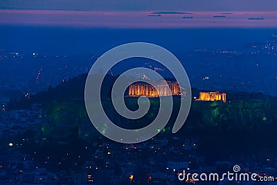 Night panorama, Parthenon temple, Athens in Greece Stock Photo