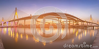 Night panorama twin suspension bridge river front Editorial Stock Photo